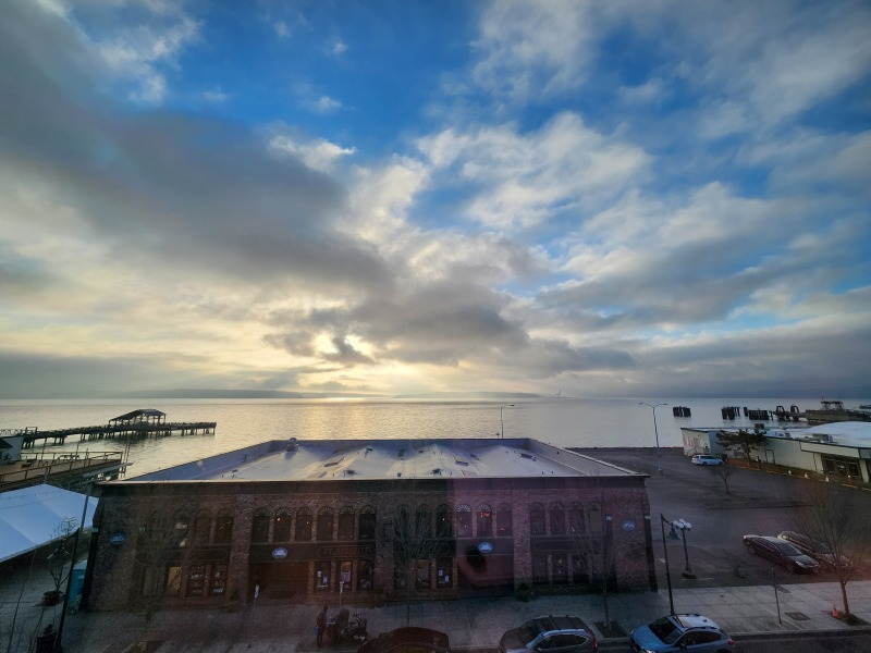 View of water and clouds from Port Townsend hotel room