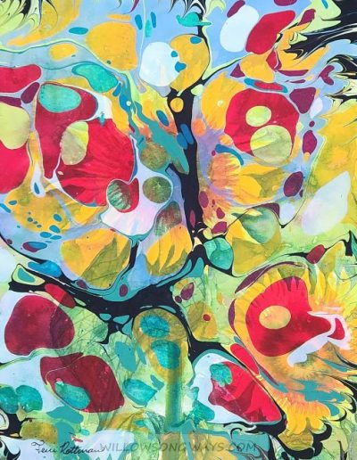Abstract acrylic painting of marbled sunflowers
