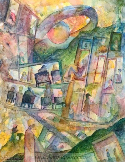 Abstract acrylic/watercolor painting of people in windows